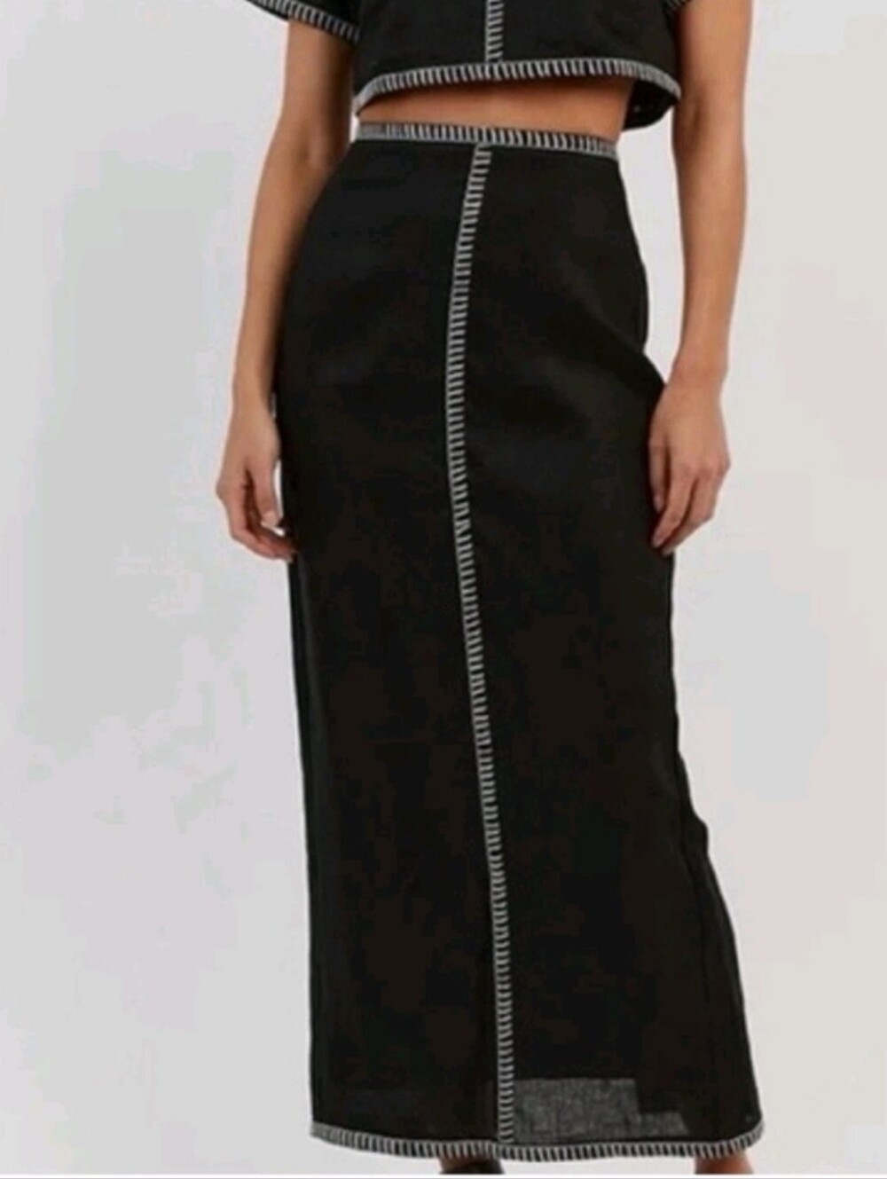 Magaschoni Black Linen Contrast Stitch Maxi Column Skirt - Size 6